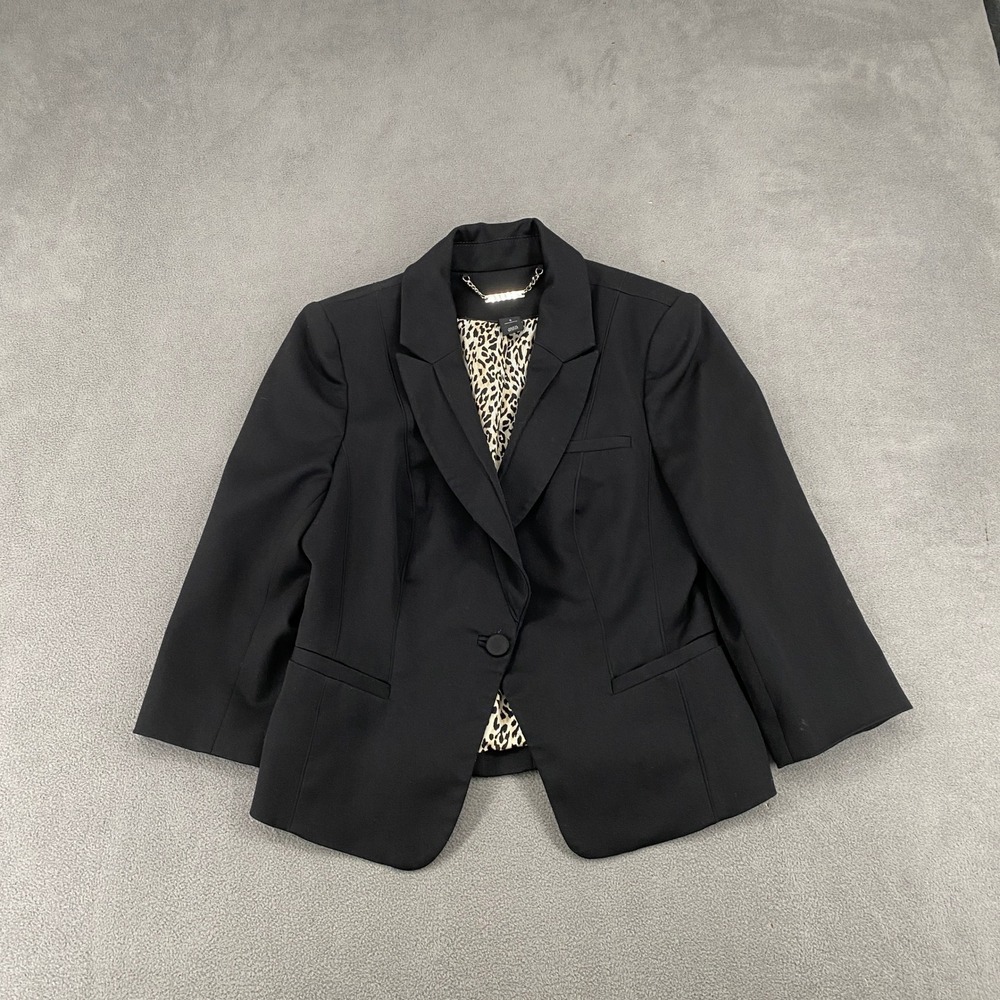 Black Single Button Blazer Leopard Print Lining 3/4 Sleeve Tailored Jacket